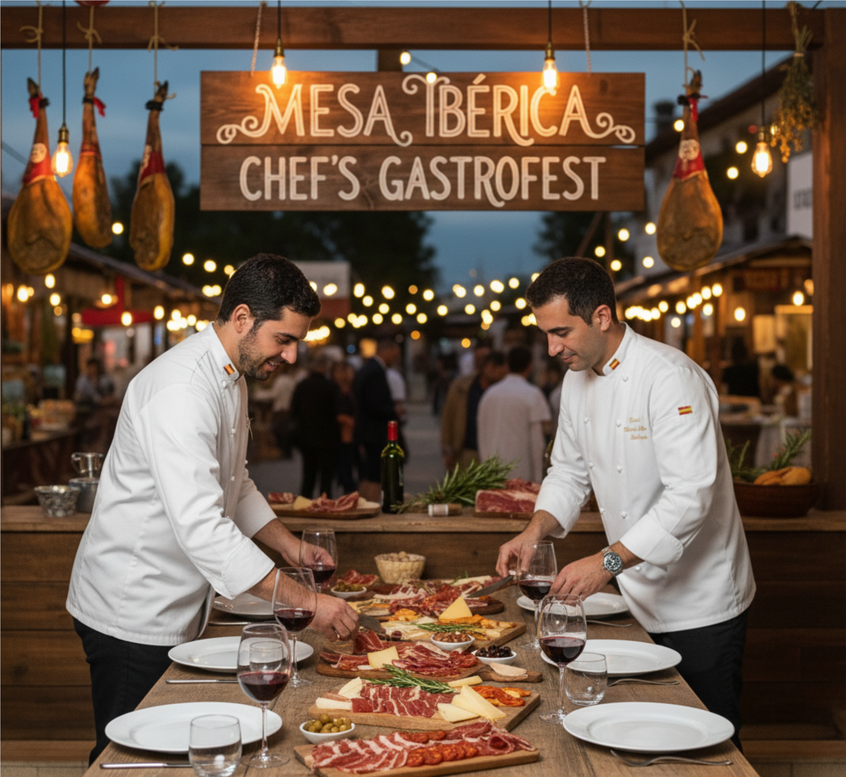 Chefs cocinando en una mesa larga
